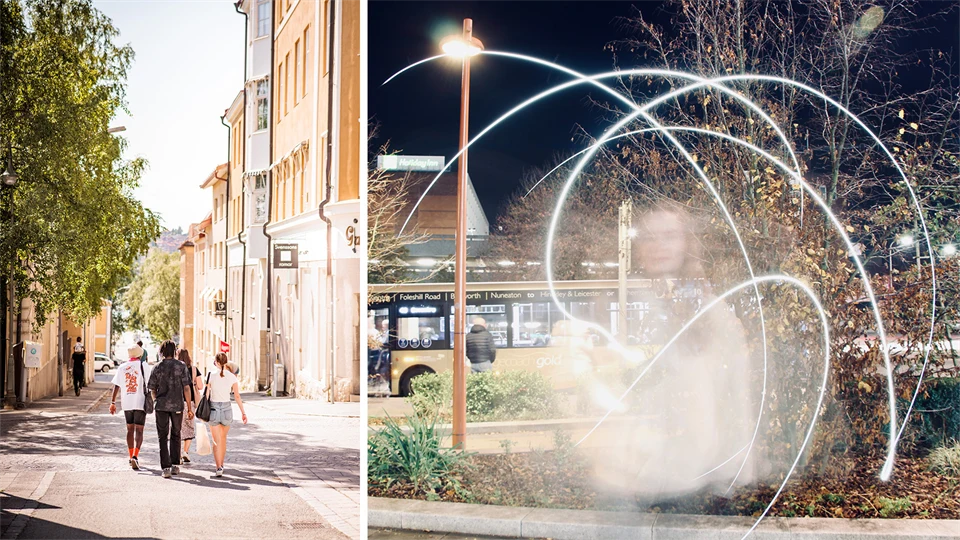 Bildmontage. Till vänster tre personer som går nerför en stadsgata och till vänster en bussstation med en buss i bakgrunden och i förgrunden syns ett vitt ljussken och en kvinna syns suddigt i bilden. 