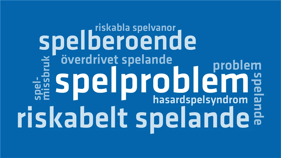 Vit text på blå bakgrund med orden spelberoende spelproblem riskabelt spelande
