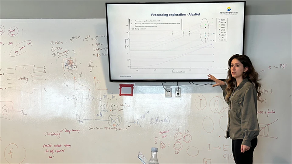 A woman stands in front of a large whiteboard and television screen and lectures.
