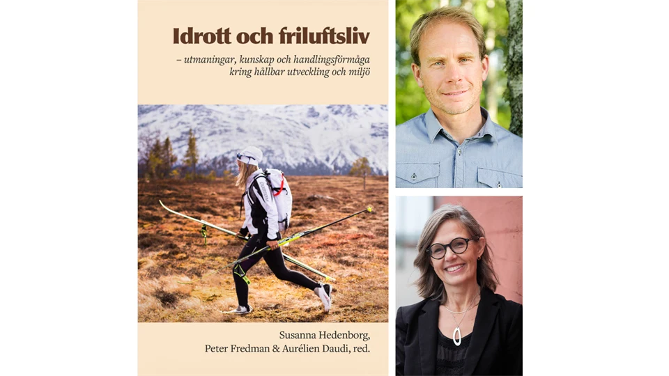 Bildmontage med tre bilder: Ett bokomslag, en man med blå skjorta och en kvinna i svart kavaj. 