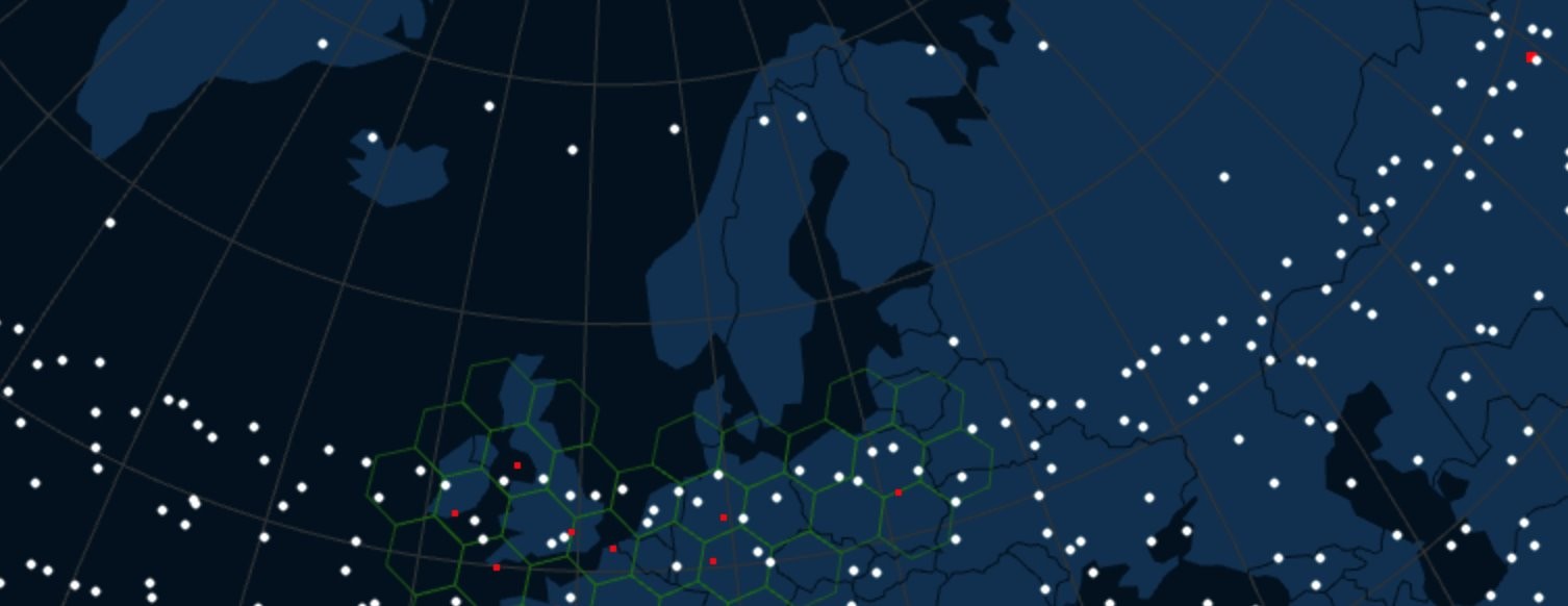 Map of northern Europe with white dots symbolizing satellite coverage. A clear field over the north shows a lack of satellites.