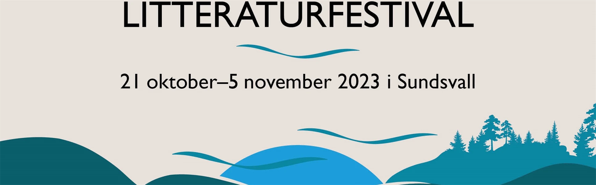 grafisk bild i blått av berg och skog, svarta bokstäver på vit botten