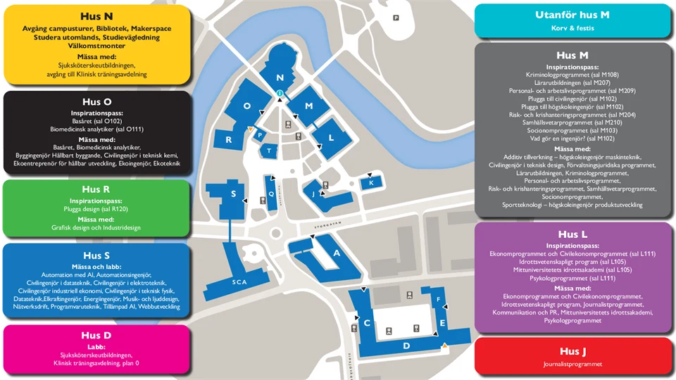 karta över campus i Sundsvall för Öppet hus