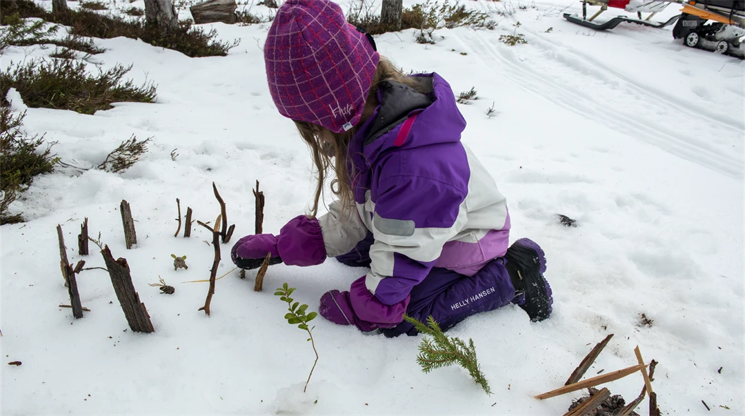 Flicka sitter i snön och leker med pinnar i form av ett rengärde.