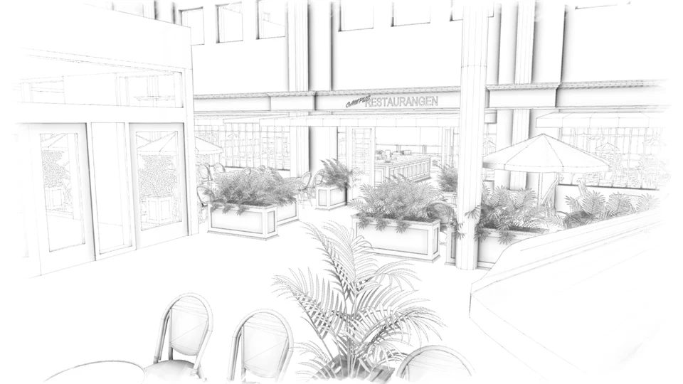 Svartvit illustration av en restaurangmiljö.