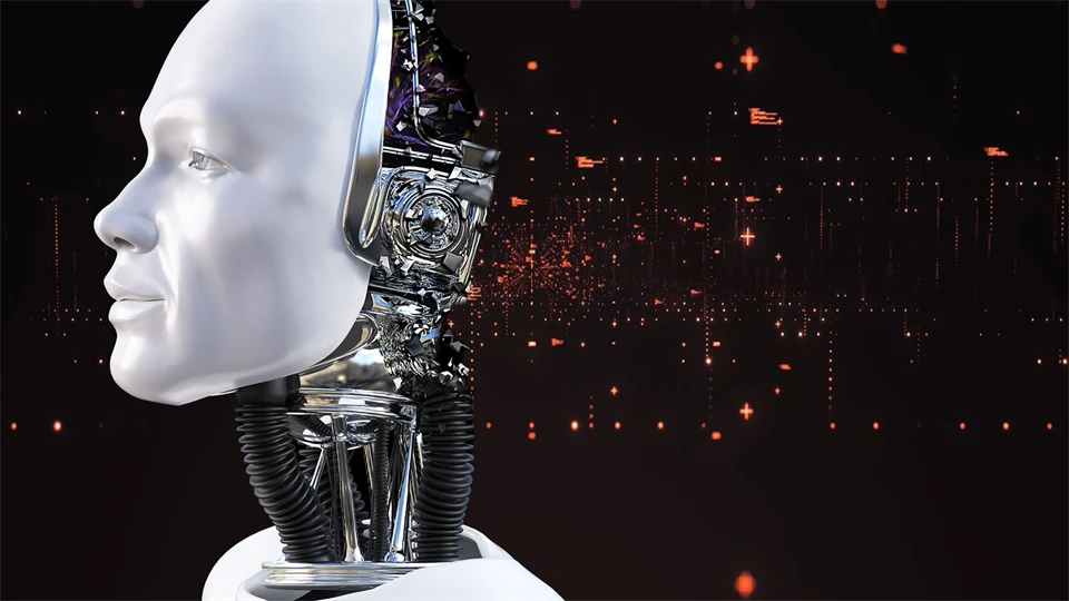 A torso of a white robot with a black background with orange dots.