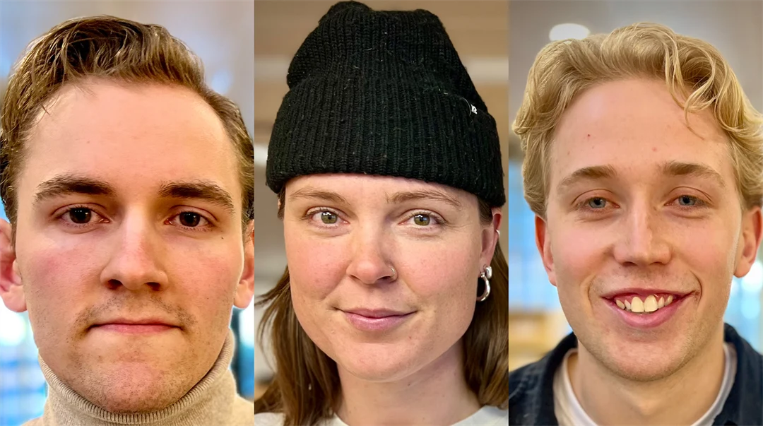 Bild av tre personer, en korthårig man, en tjej med mössa och en blond man.