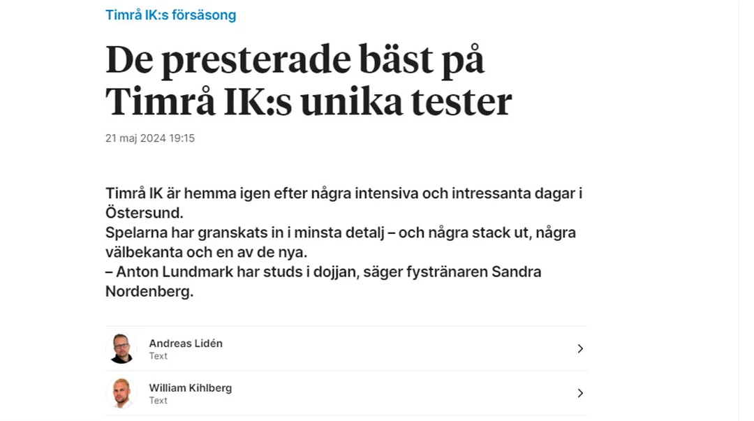 Klipp från tidning: rubrik "De presterade bäst på Timrå IK:s unika tester".