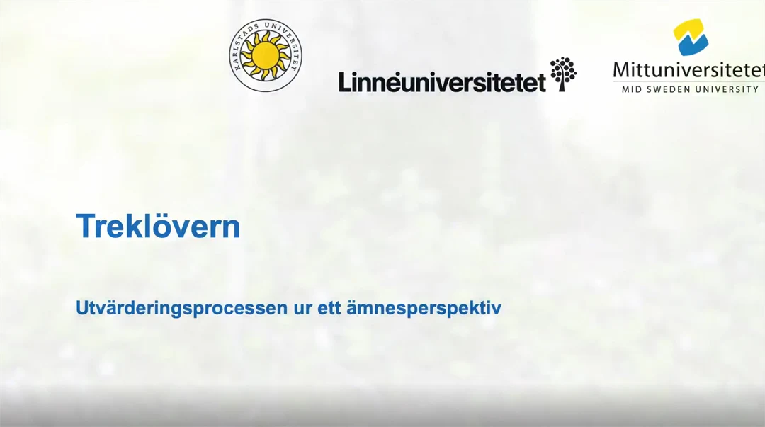 bild med text Treklövern - Utvärderingsprocessen ur ett ämnesperspektiv. Tre logotyper i botten av bilden: Linneuniversitetet, Karlstaduniversitet, Mittuniversitetet