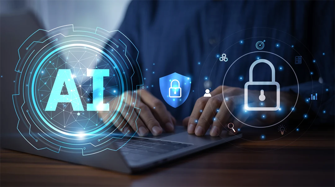 Affärsman som använder AI-algoritmer för att skydda integritet och hantera datasäkerhet effektivt. AI-teknik för datasäkerhet