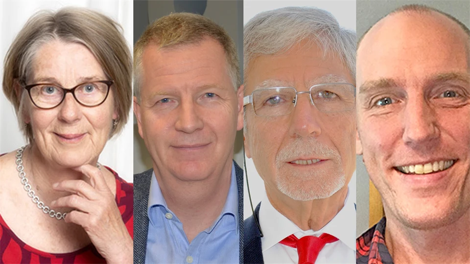 fyra ansikten i ett collage, en kvinna och tre män