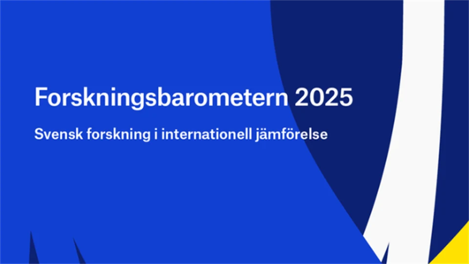 Vit text på blå bakgrund "Forskningsbarometern 2025"
