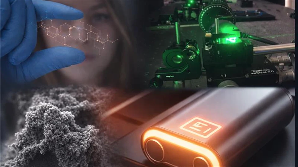 Startbild för "Avancerade material och processer" som är AI-genererad och visar batterier, laser och en formel