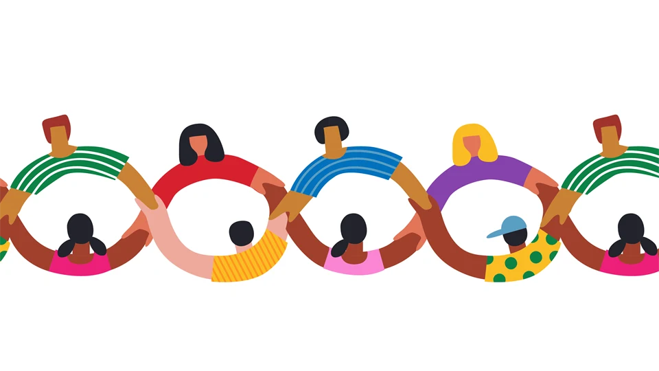 Tecknad bild där människors armar bildar en kedja