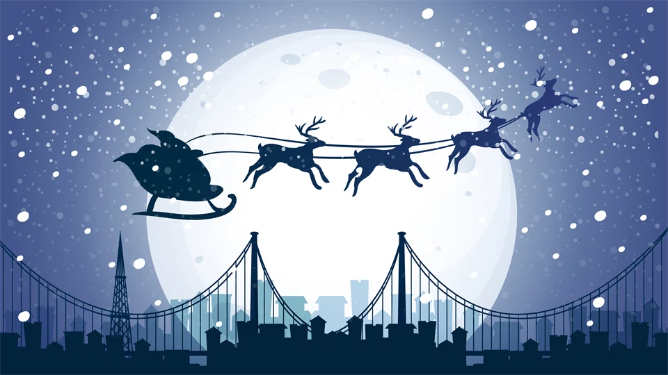 Julmotiv, tomten och hans renar flyger över stadsmiljö
