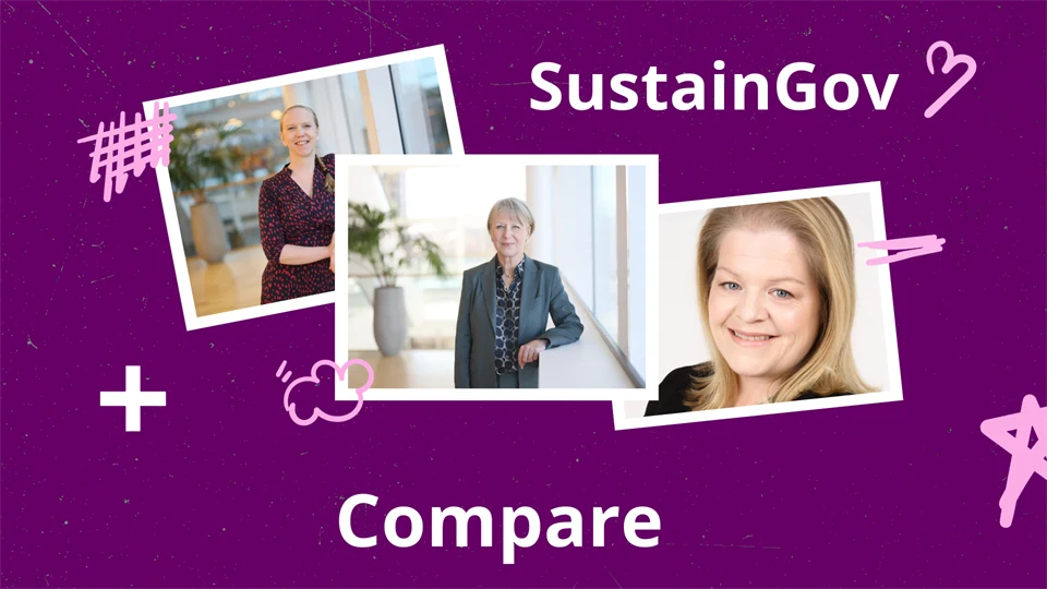 Collage med foton på tre kvinnor samt texten SustainGov + Compare.