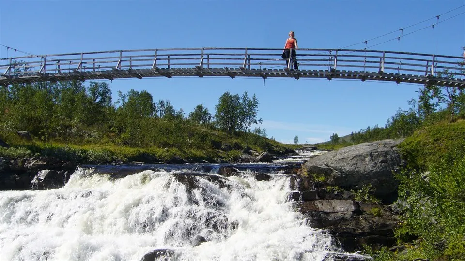 Katarina Eckerberg på gångbro i Ammarfjället, Västerbotten