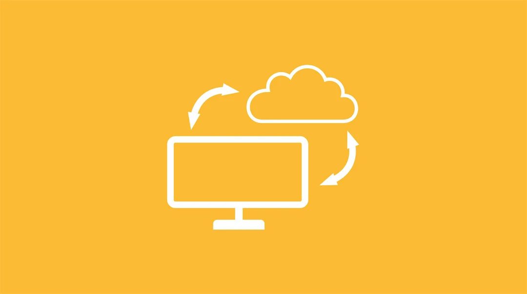 computer, cloud and arrow icons on yellow backdrop