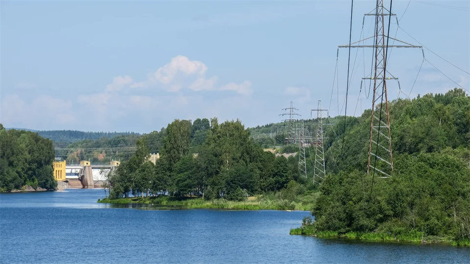  Electricity poles stand in a landscape with forest and a watercourse with a hydroelectric plant visible in the background.