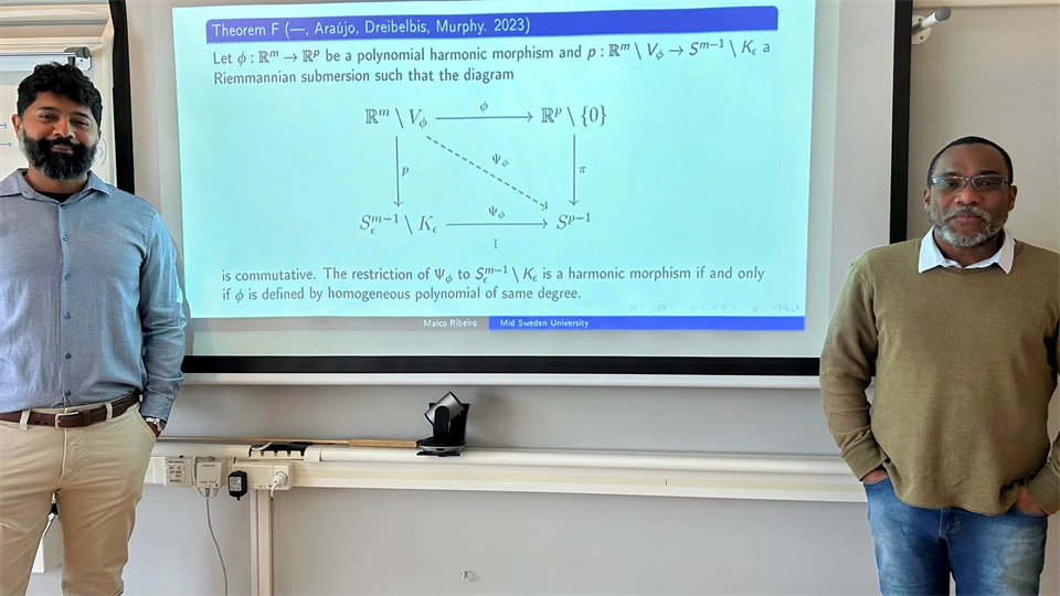 Två män står framför en presentation som visar olika matematiska formler.