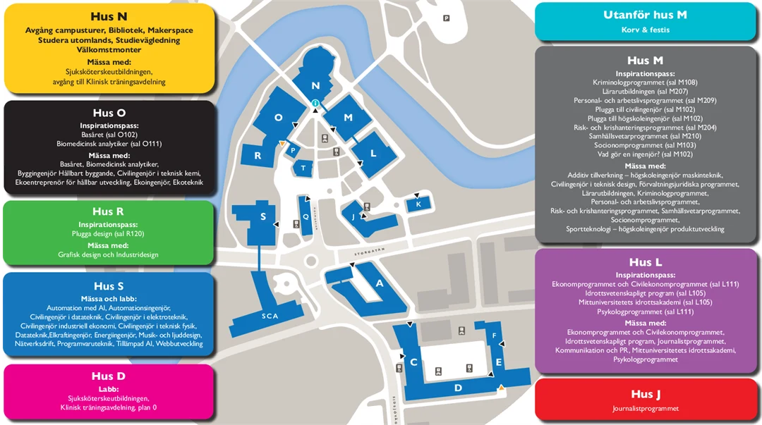 karta över campus i Sundsvall för Öppet hus