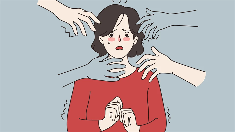 Illustration av händer sträckta mot orolig kvinna.