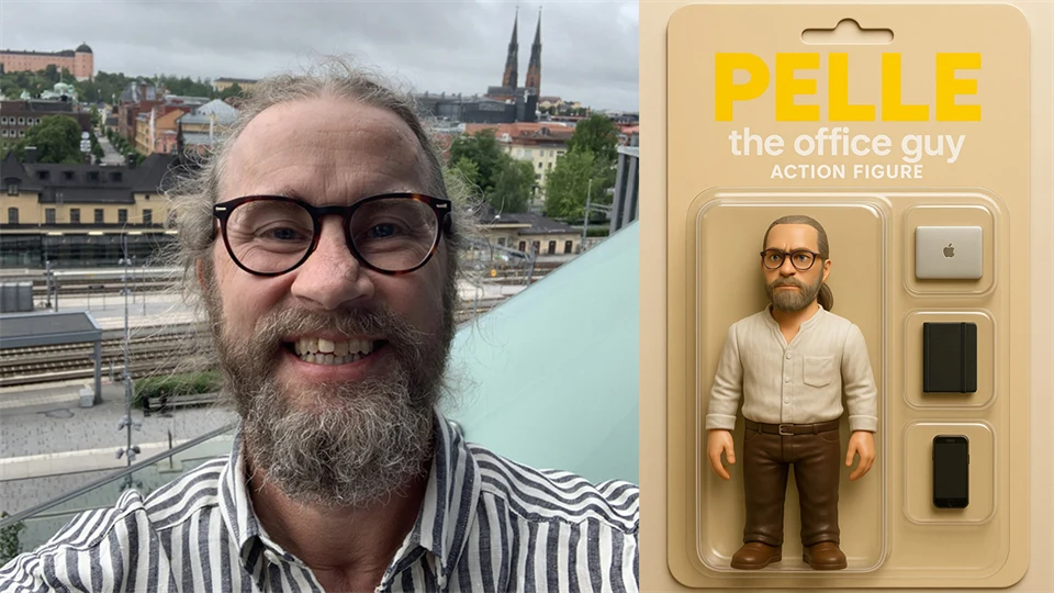 Kollage av en mans selfie och en bild av en actionfigur i sin förpackning.