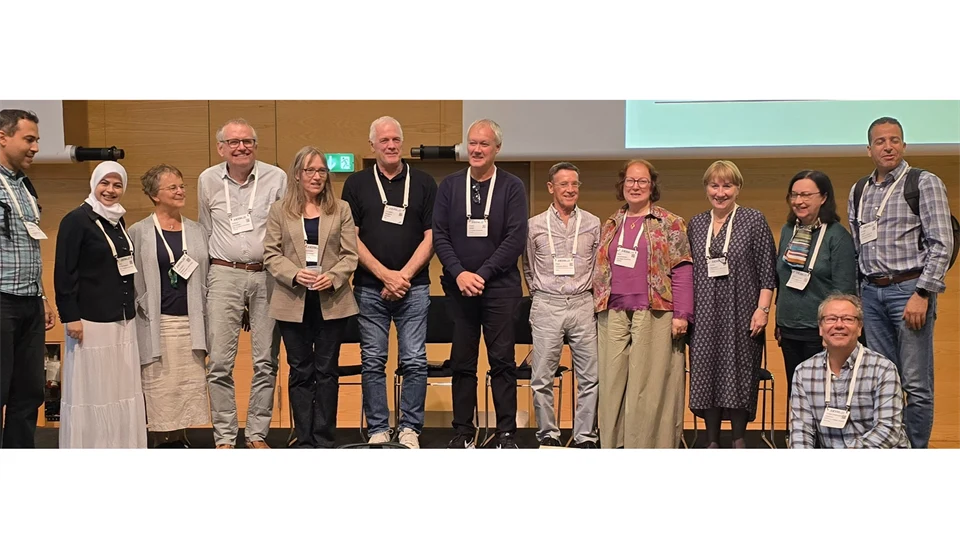 Thirteen people are lined up on a stage for a photo shoot.