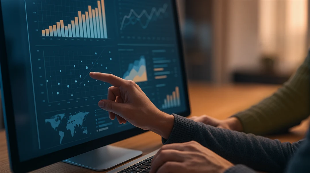 En person pekar på en datorskärm som visar datadiagram, punktdiagram och en världskarta i blå och orange toner, vilket illustrerar datavisualisering och analys.
