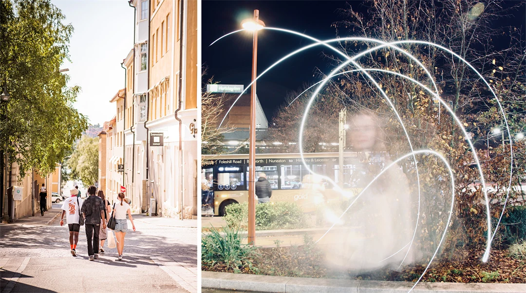 Bildmontage. Till vänster tre personer som går nerför en stadsgata och till vänster en bussstation med en buss i bakgrunden och i förgrunden syns ett vitt ljussken och en kvinna syns suddigt i bilden. 