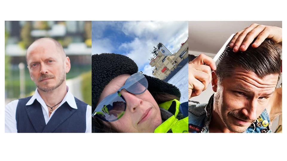 tre porträtt i ett collage på en man, en kvinna och en man 