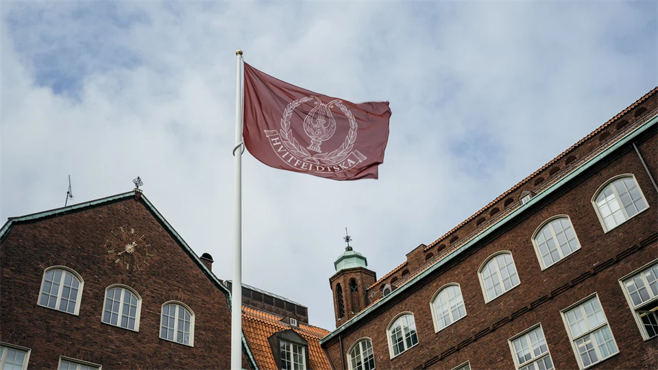 två husfasader med en flagga mittemellan