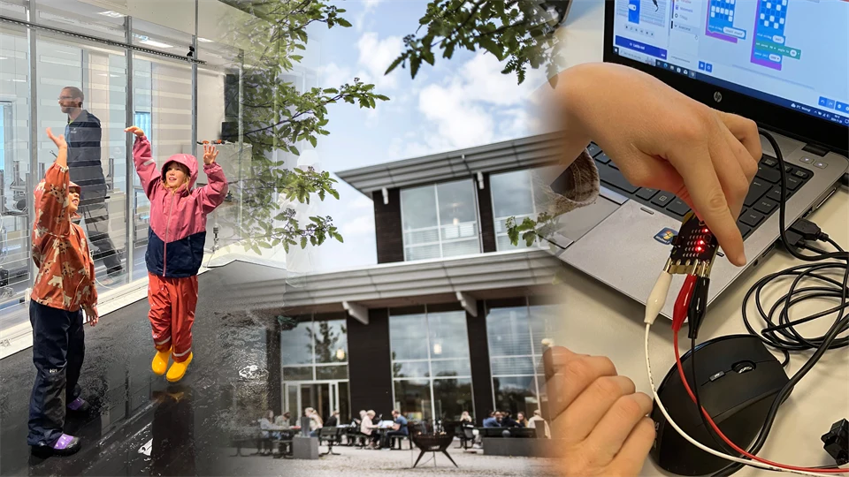 Fotokollage med barn i ett labb, Mittuniversitetets glasfasad och en hand som håller i färgglada kablar.