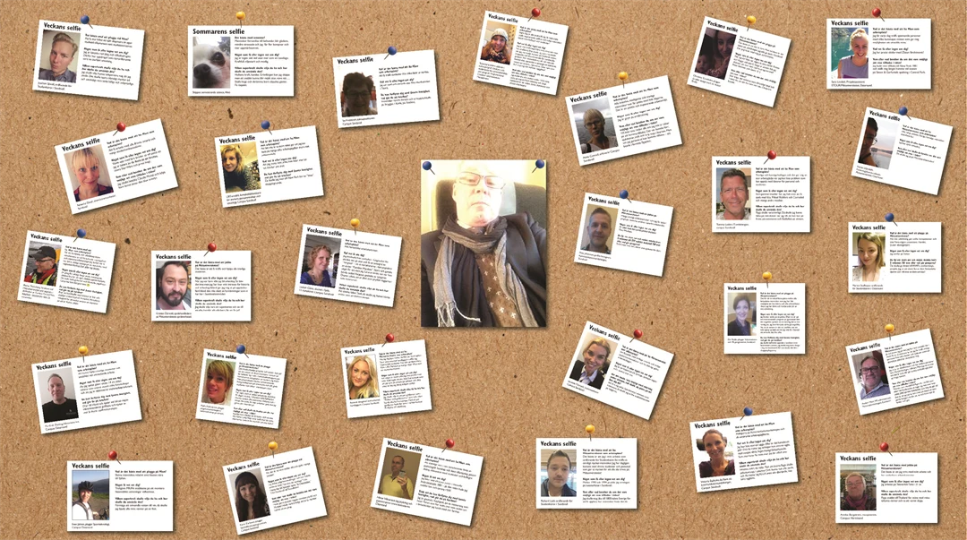 collage av gamla versioner av veckans selfie, med en äldre man i mitten