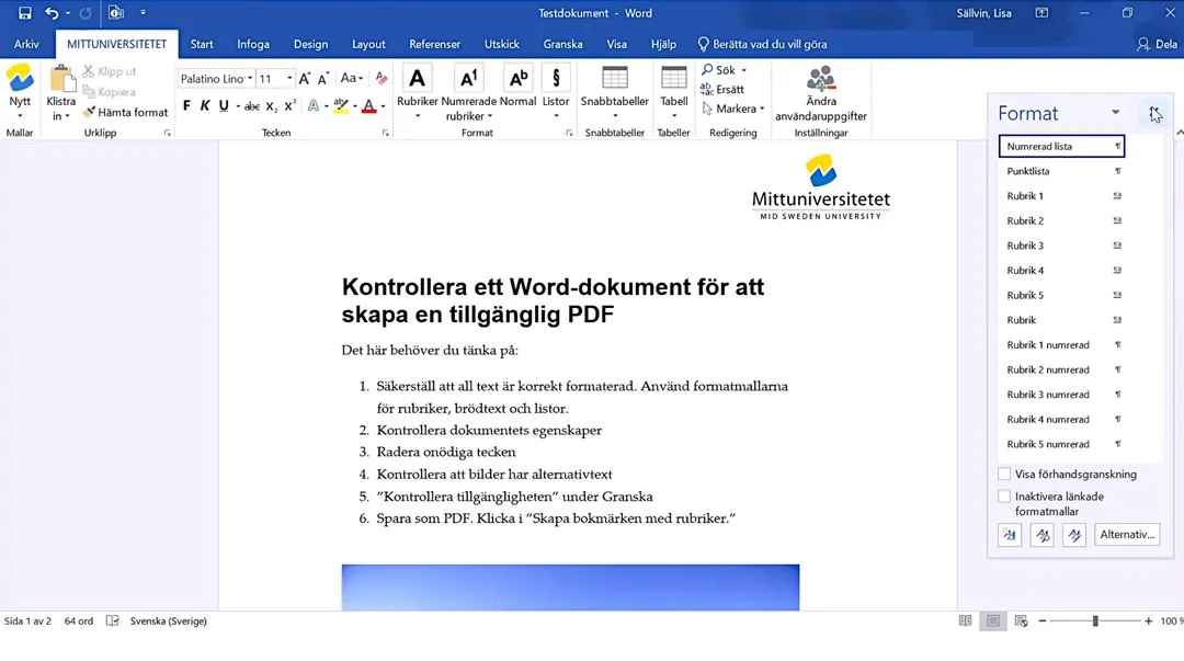 Kontrollera ett Word-dokument för att skapa en tillgänglig PDF på PC.