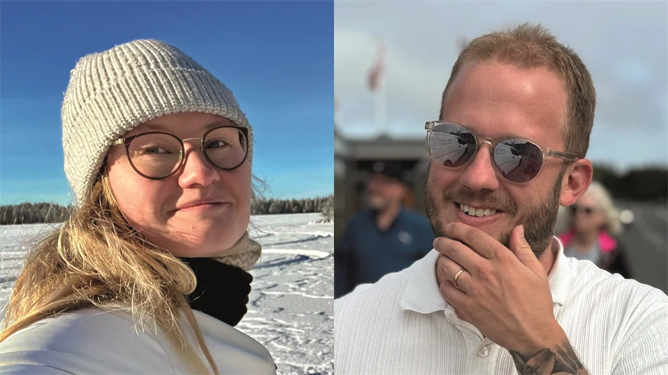 Två bilder bredvid varandra: en blond kvinna med täckjacka, mössa och glasögon, och en blond man med vit skjorta och solglasögon.