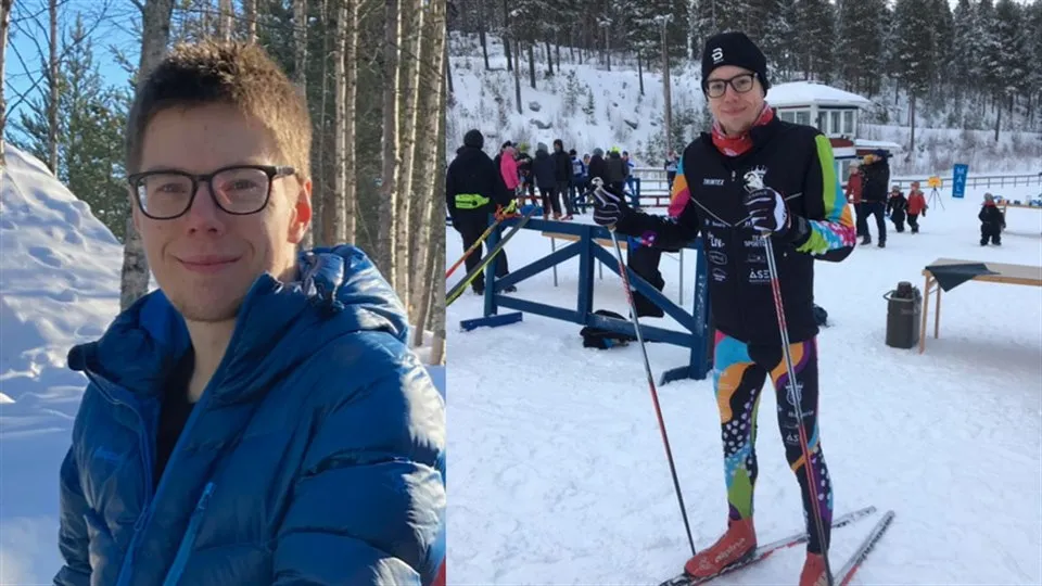 Dubbelbild med ett porträtt och en bild med personen på skidor.
