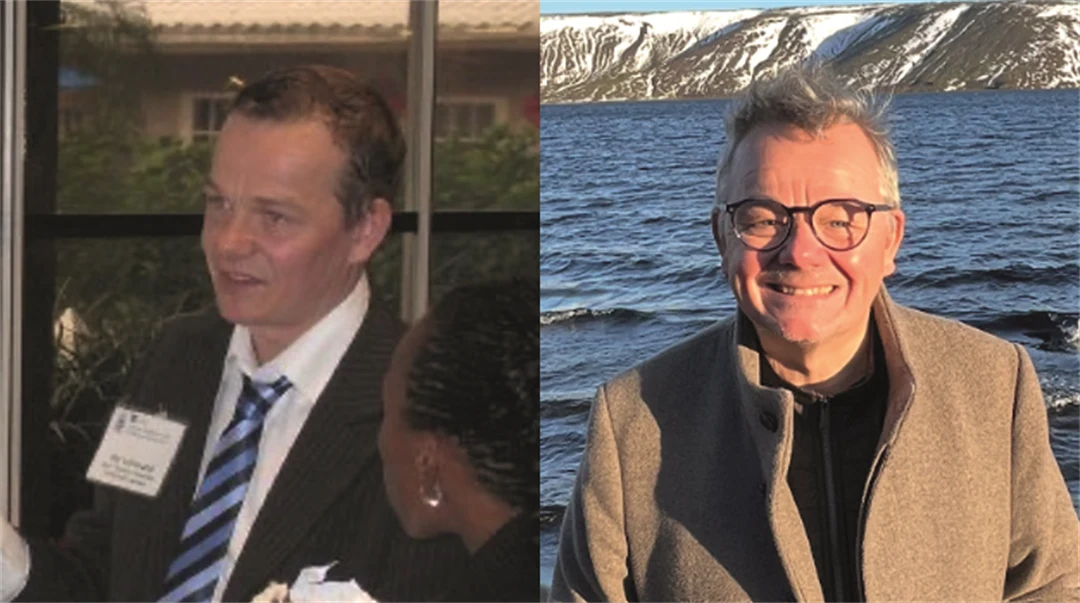 Två porträttbilder på en man, den vänstra visar honom för 20 år sedan och den högra visar honom idag.