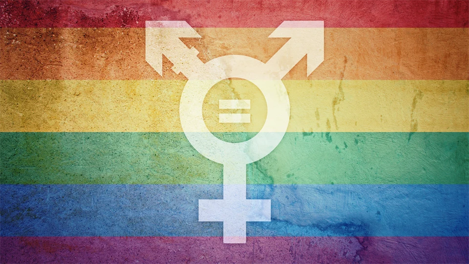 Symbol för HBTQ+ på en regnbågsfärgad flagga