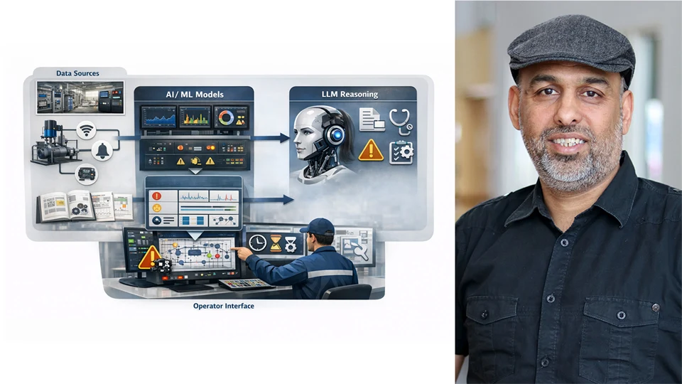 Photo montage with two images. The image on the left shows an illustration with computers and AI, and on the right is a photo of a man wearing a dark grey cap and black shirt. 