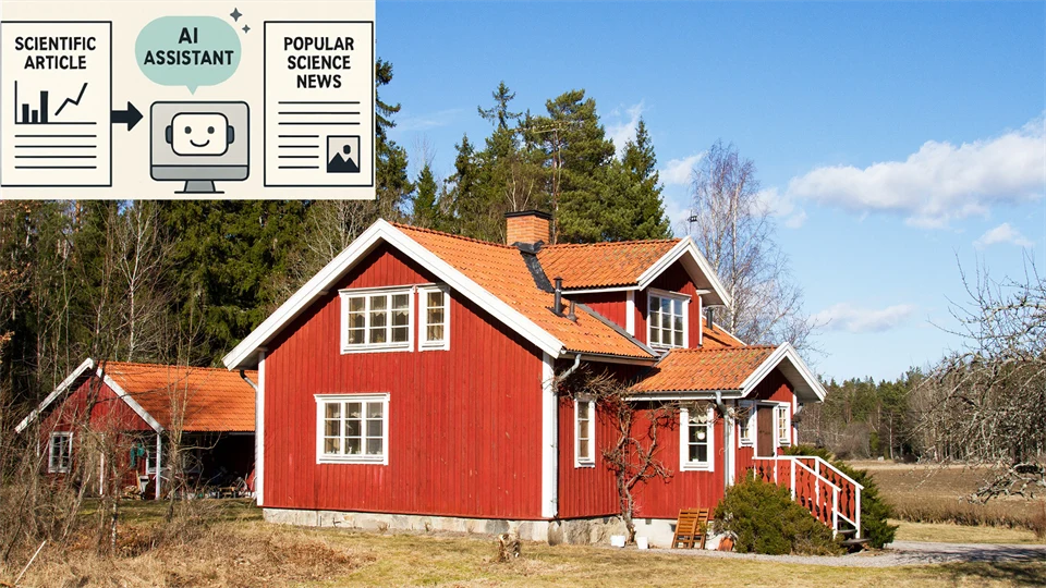 Kollage av rött hus på landet och bild om AI assisterad nyhetsmakning.