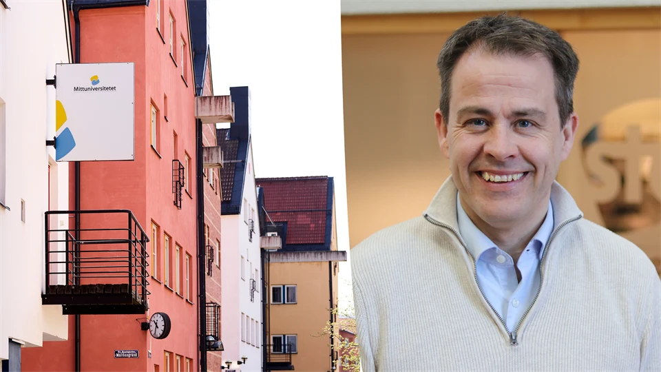 Bildkollage med en bild av byggnader och en fasadskylt med texten Mittuniversitetet samt en porträttbild på en leende man.