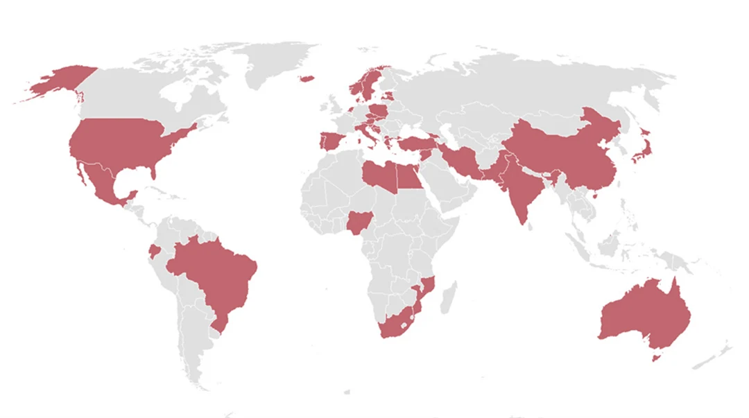 A map showing countries, marked in red, that are part of the Roses network.