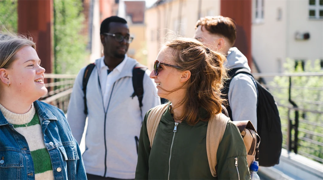 En grupp studenter som står och pratar med varandra. 