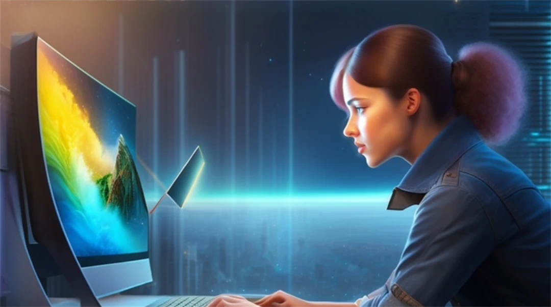 AI genererad illustration av en flicka som sitter vid en dataskärm.