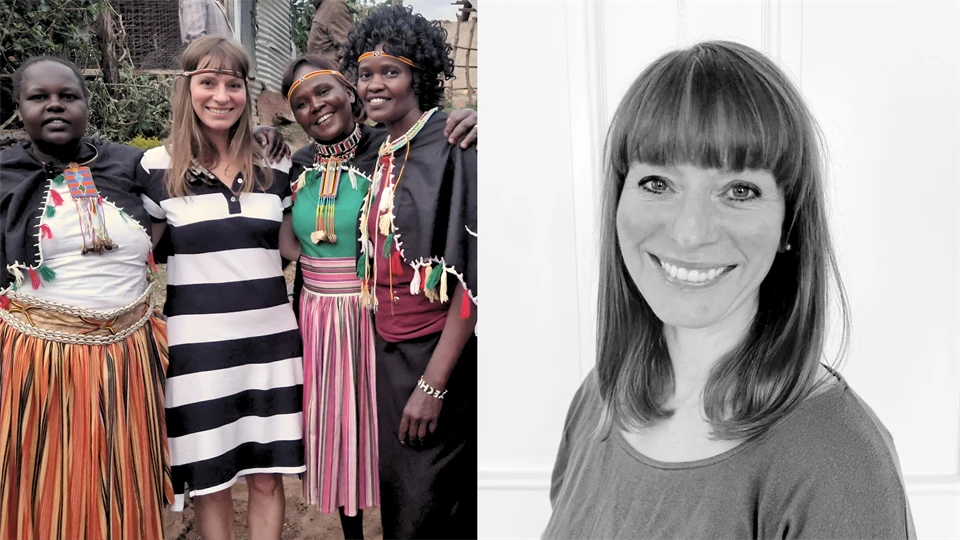 Tvådelat bildkollage. I bilden till vänster syns Heather tillsammans med tre kvinnor under ett av sina arbeten i Afrika. De har alla vackra och färgglada kläder. Till höger syns en porträttbild på Heather, hon är glad.