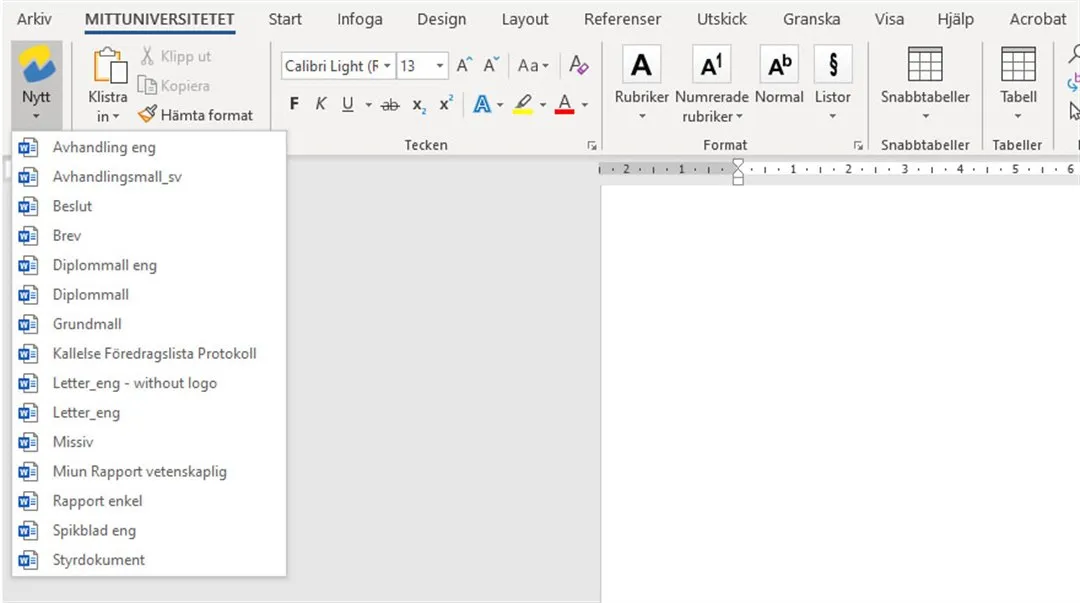 Skärmdump som visar hur man öppnar en mall i Word.