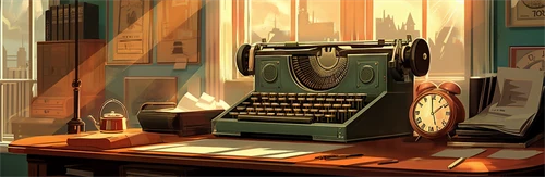 En tecknad bild på ett kontor med en gammal skrivmaskin