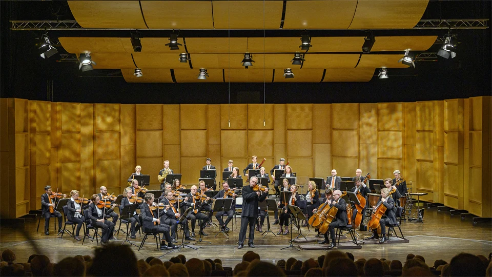 Orchestra plays on stage with audience