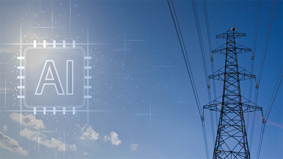 Power line with a blue sky as a background. Text with AI.